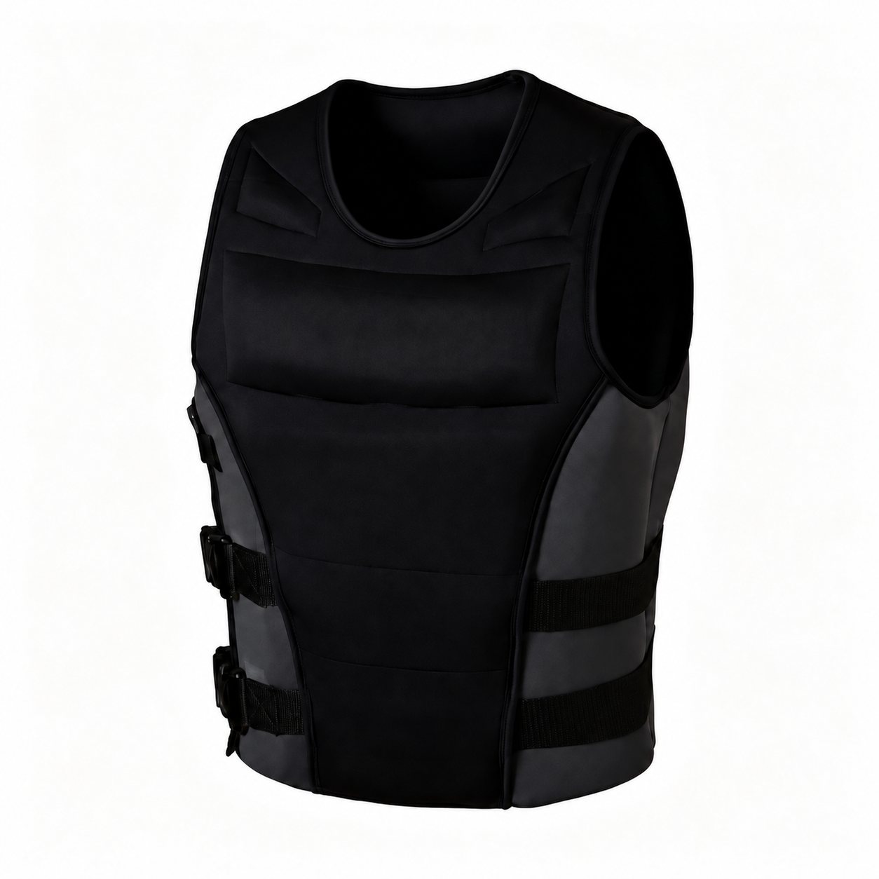 Black adult life jacket, front and side view