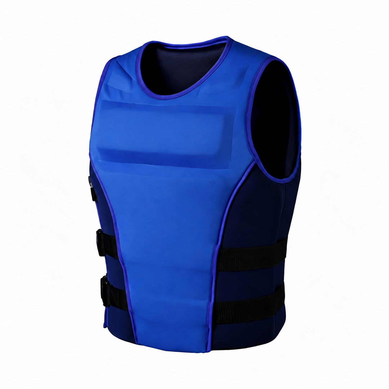 Blue adult life jacket, front and side view
