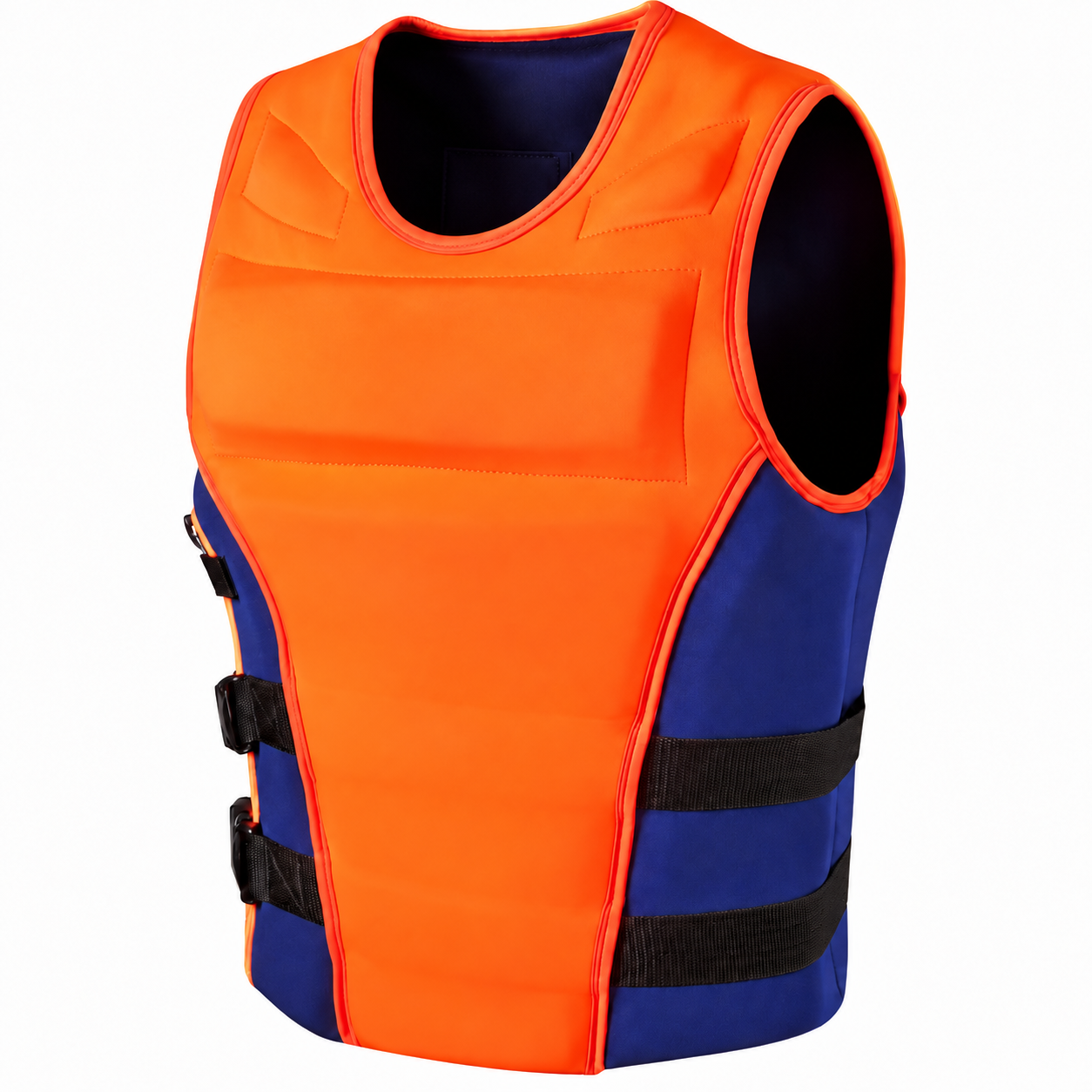 Orange and navy adult life jacket without collar branding