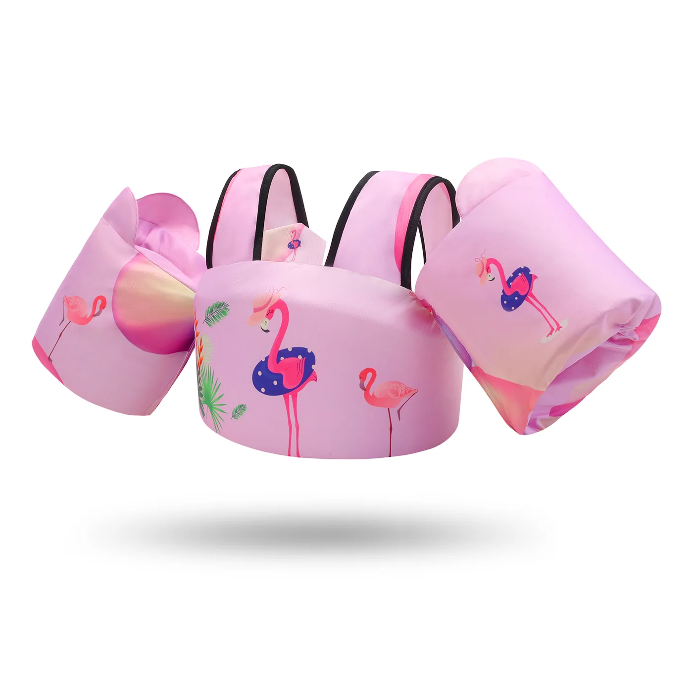 Pink flamingo-print toddler swim vest with shoulder straps