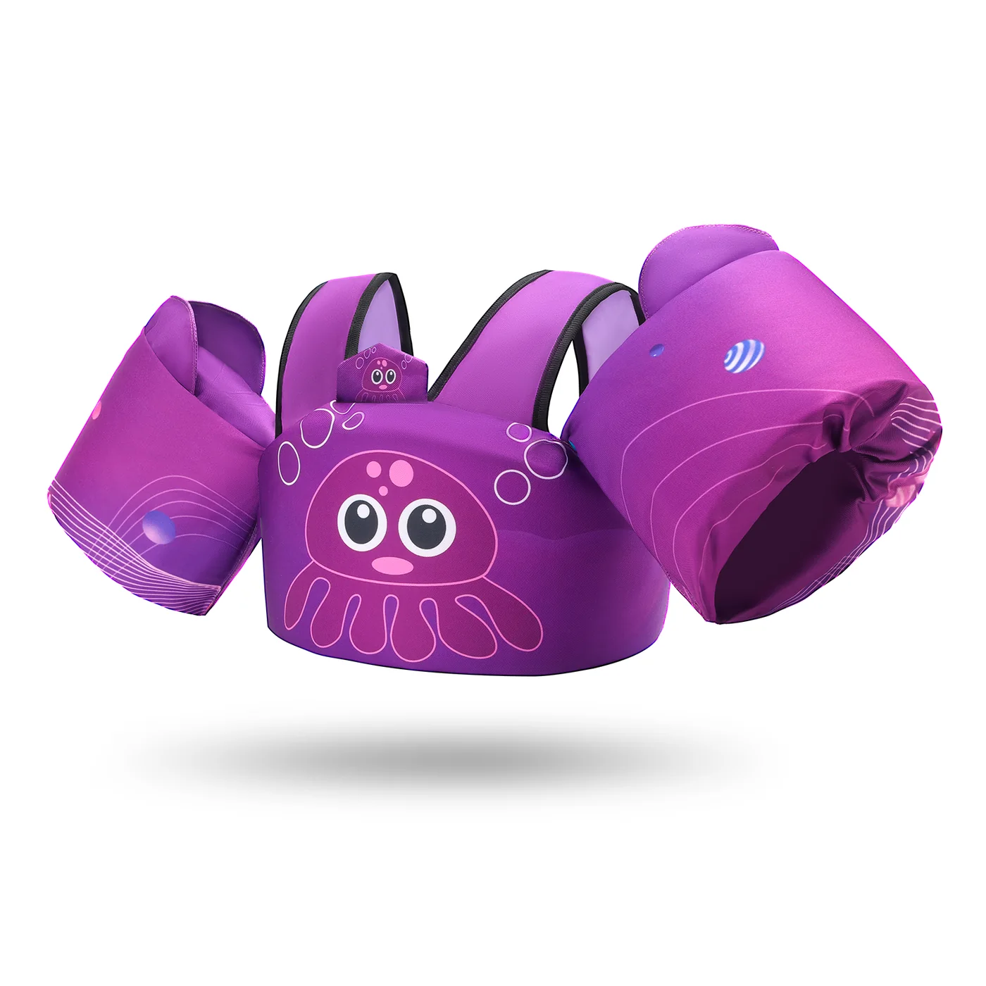 Purple jellyfish-print toddler swim vest with shoulder straps