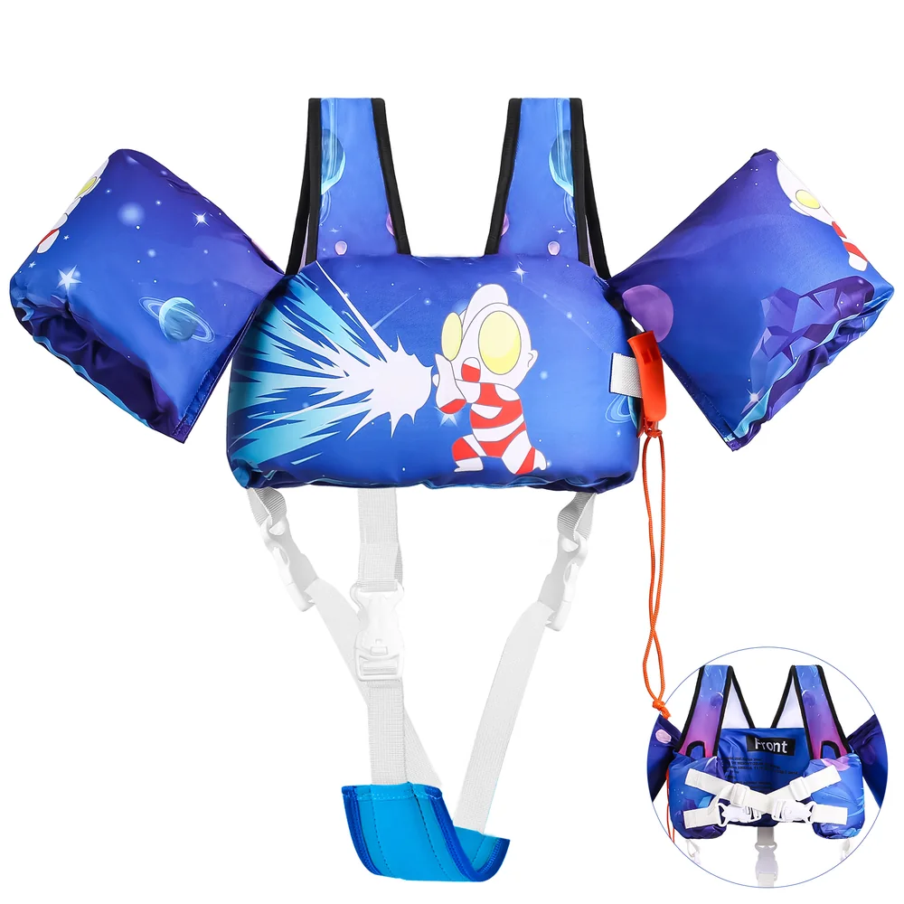Blue space-print toddler swim vest with crotch strap for private-label programs