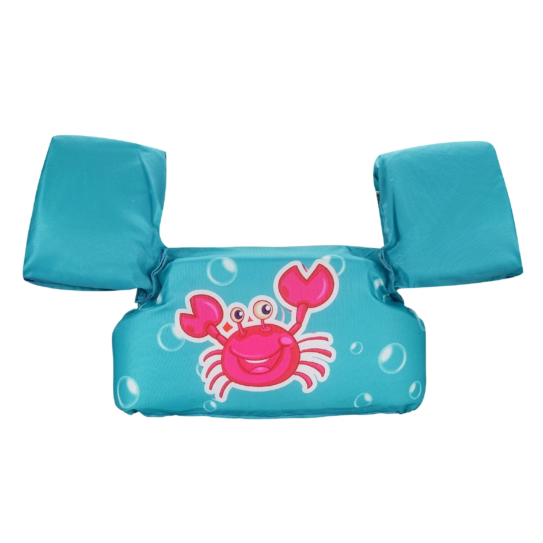 Teal toddler swim vest without shoulder straps with red crab print